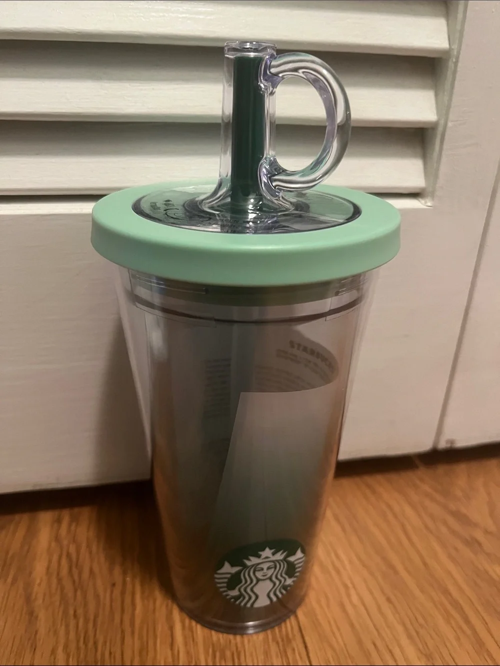 #2655**Starbucks Mint Green Lidded Clear Tumbler with Handle Straw